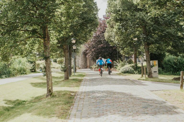 Zwei Radfahrer fahren auf einem gepflasterten Weg, der von Bäumen gesäumt ist. Die Bäume bilden ein grünes Dach. Laternen stehen am Wegesrand. Im Hintergrund sieht man Wiesen und Sträucher. Der Himmel ist hell. Die Szene wirkt friedlich.